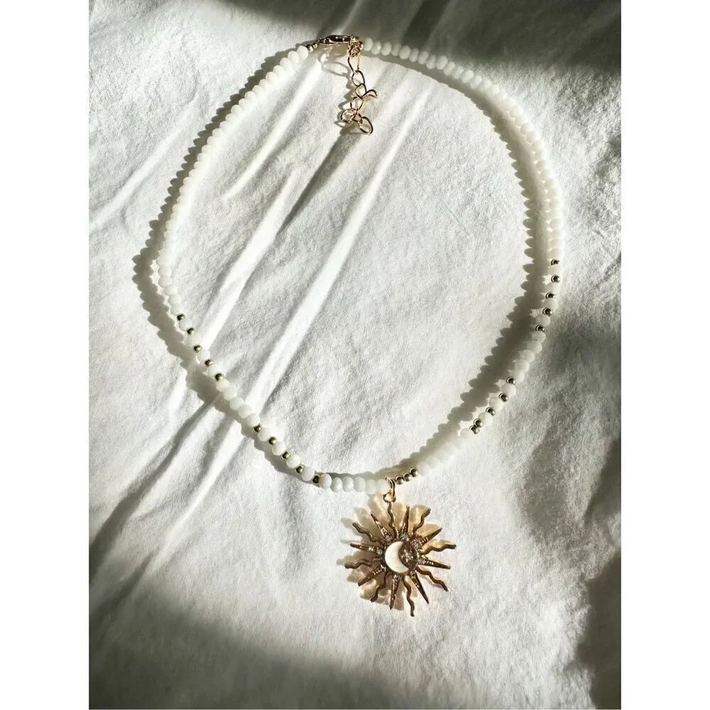 White and gold Sun Shine beaded beach necklace